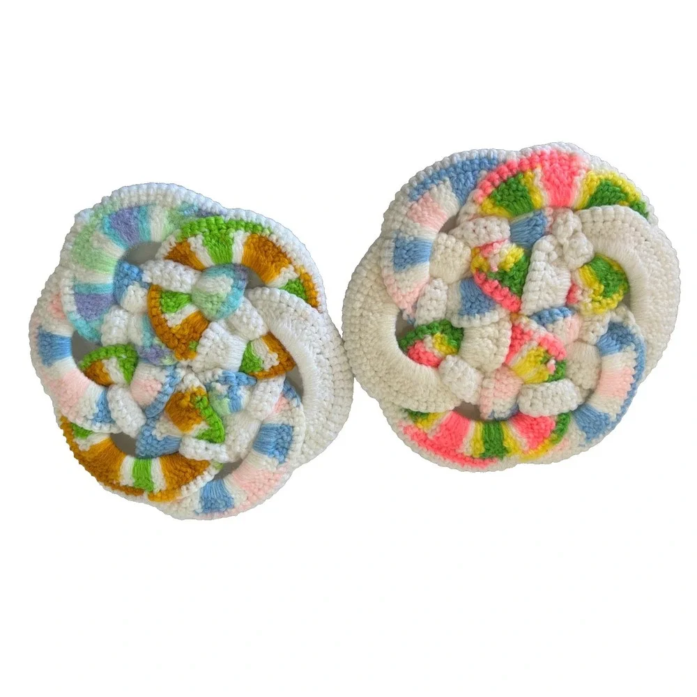 2 Vintage 1970s MCM Hand Crocheted Multi Color Hot Pad Pot Holder Trivet NOS